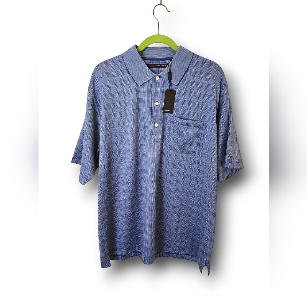 Greg Norman 100% Cotton Ocean Blue Crosshatch Print Polo Size L NWT - Picture 1 of 8
